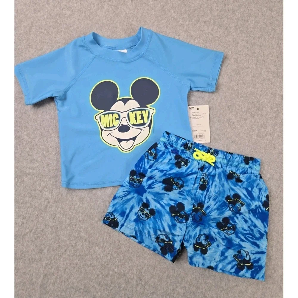 Jumping Beans Mickey Boys 2 pc Swim Set Size 12 Months Rash Guard Top Trunks NWT